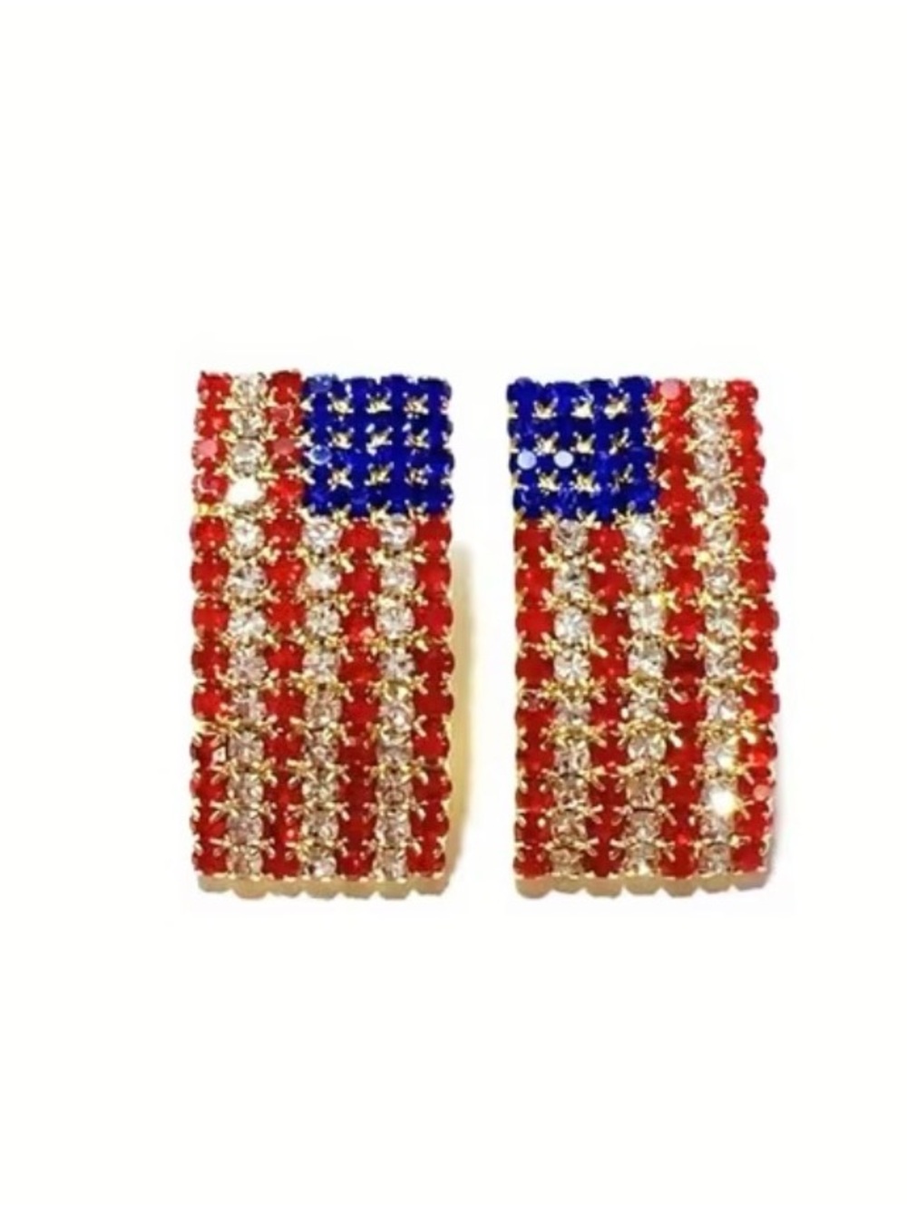 Crystal American Flag Rectangle Stud Earrings - Red, Blue & Gold